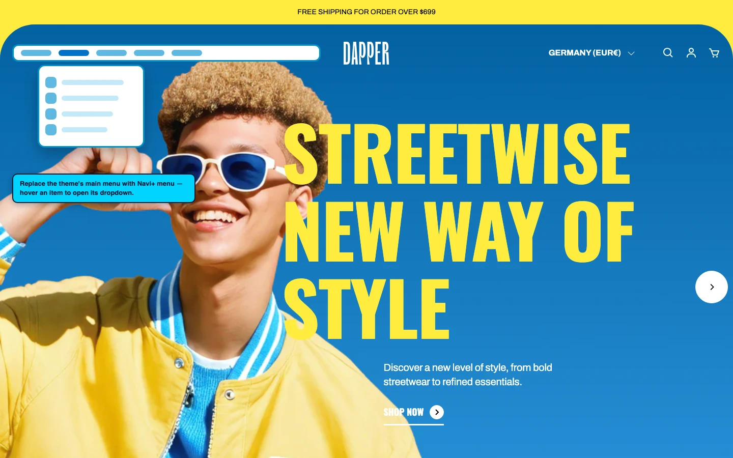 Navi+ Mega Menu replacing the desktop menu on the Snazzy Shopify theme Navi+ Mega Menu replacing the desktop menu on the Snazzy Shopify theme