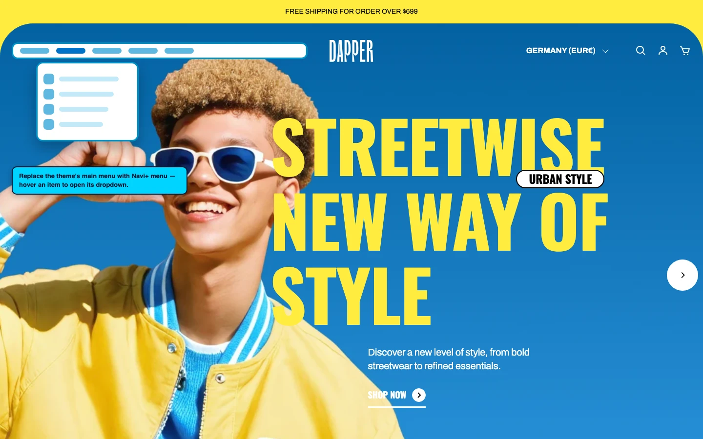 Navi+ Mega Menu replacing the desktop menu on the Snazzy Shopify theme Navi+ Mega Menu replacing the desktop menu on the Snazzy Shopify theme