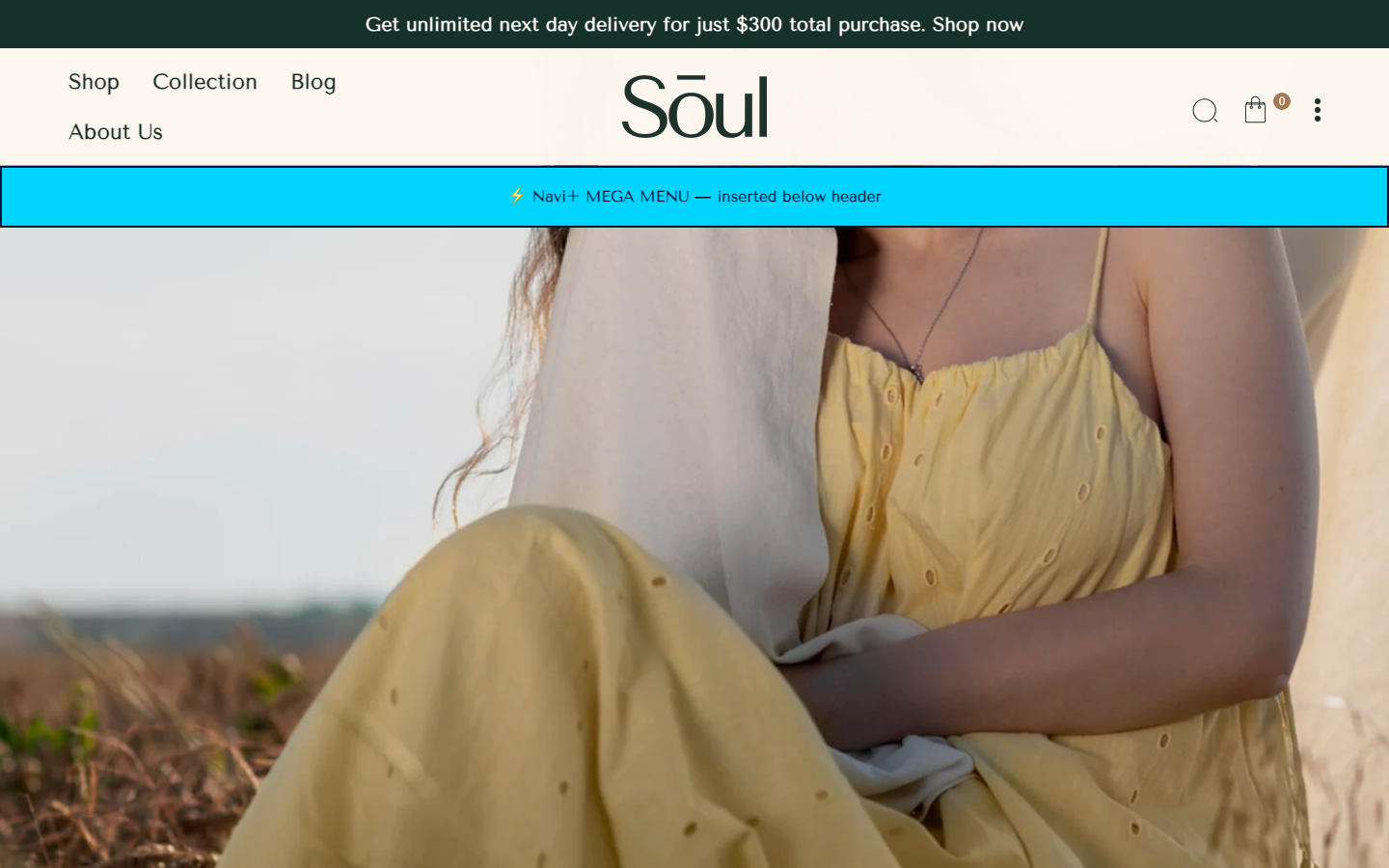 Menu inserted below header — Navi+ on the Soul Shopify theme Menu inserted below header — Navi+ on the Soul Shopify theme