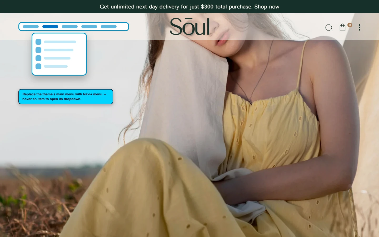 Navi+ Mega Menu replacing the desktop menu on the Soul Shopify theme Navi+ Mega Menu replacing the desktop menu on the Soul Shopify theme