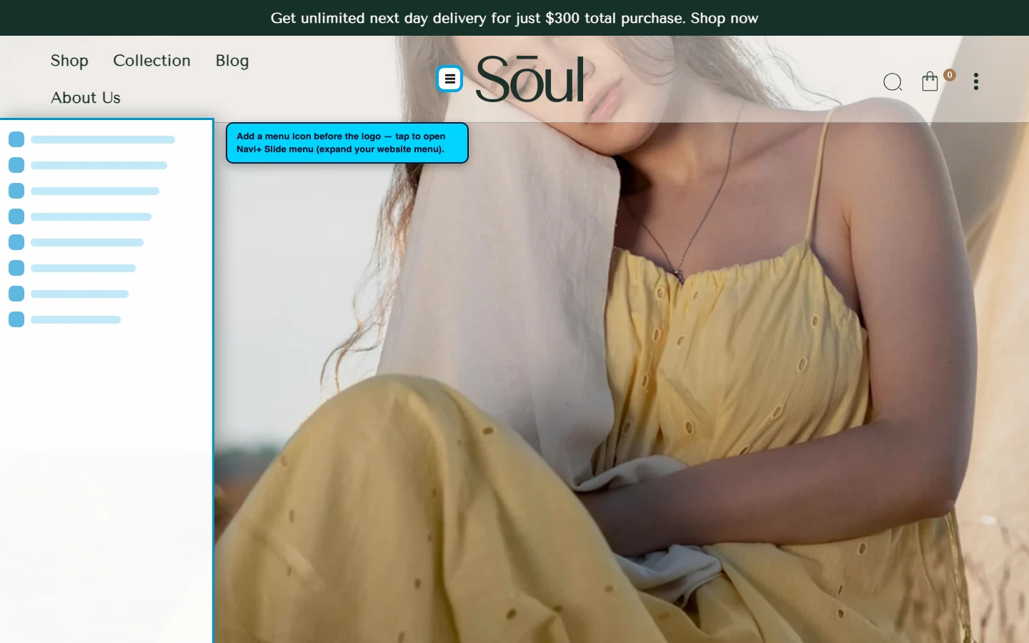 Navi+ trigger icon before the logo on the Soul Shopify theme Navi+ trigger icon before the logo on the Soul Shopify theme