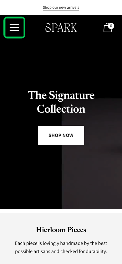 Hamburger → panel opened — Navi+ on the Spark Shopify theme Hamburger → panel opened — Navi+ on the Spark Shopify theme