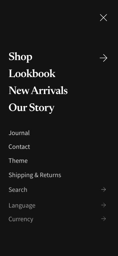 Hamburger → panel opened — Navi+ on the Spark Shopify theme Hamburger → panel opened — Navi+ on the Spark Shopify theme