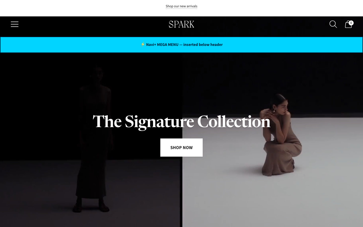 Menu inserted below header — Navi+ on the Spark Shopify theme Menu inserted below header — Navi+ on the Spark Shopify theme
