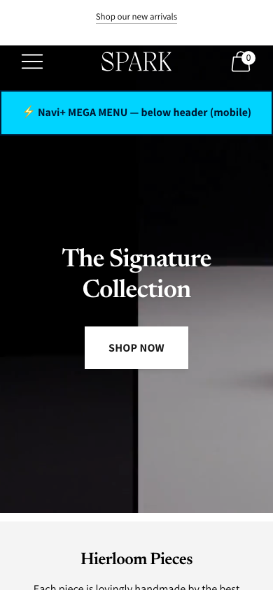 Menu inserted below header — Navi+ on the Spark Shopify theme Menu inserted below header — Navi+ on the Spark Shopify theme