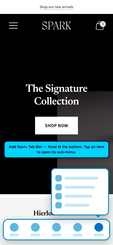 Navi+ Tab Bar on the Spark Shopify theme Navi+ Tab Bar on the Spark Shopify theme