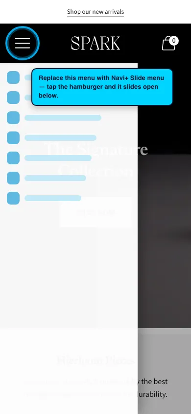 Navi+ Slide Menu on the Spark Shopify theme Navi+ Slide Menu on the Spark Shopify theme