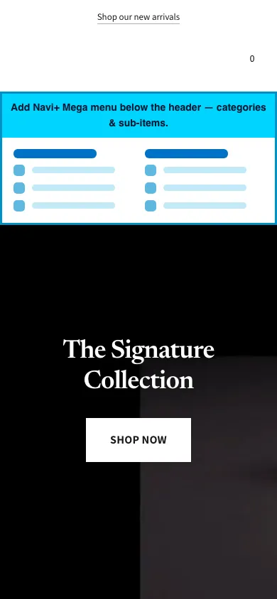 Navi+ mobile Mega Menu on the Spark Shopify theme Navi+ mobile Mega Menu on the Spark Shopify theme