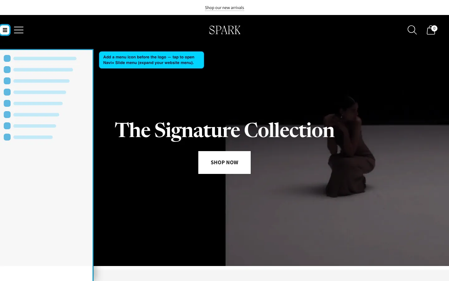 Navi+ trigger icon before the logo on the Spark Shopify theme Navi+ trigger icon before the logo on the Spark Shopify theme