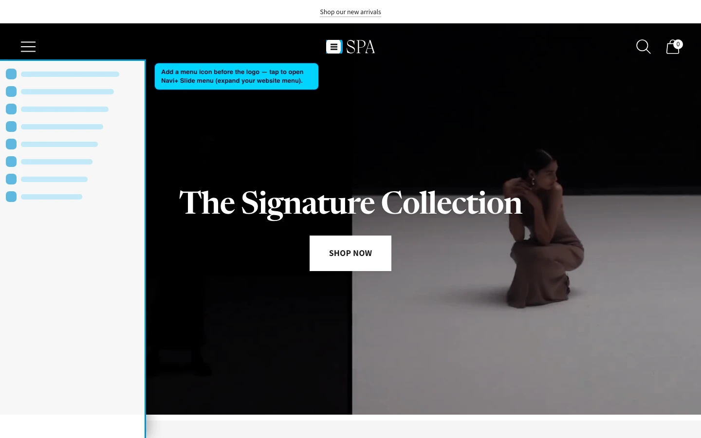 Navi+ trigger icon before the logo on the Spark Shopify theme Navi+ trigger icon before the logo on the Spark Shopify theme