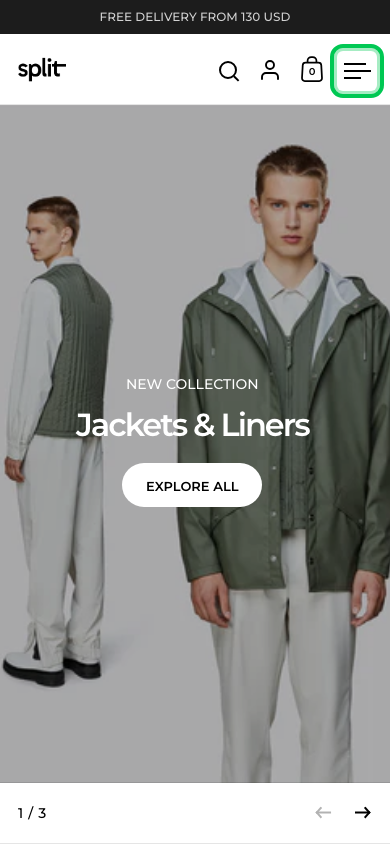 Hamburger → panel opened — Navi+ on the Split Shopify theme