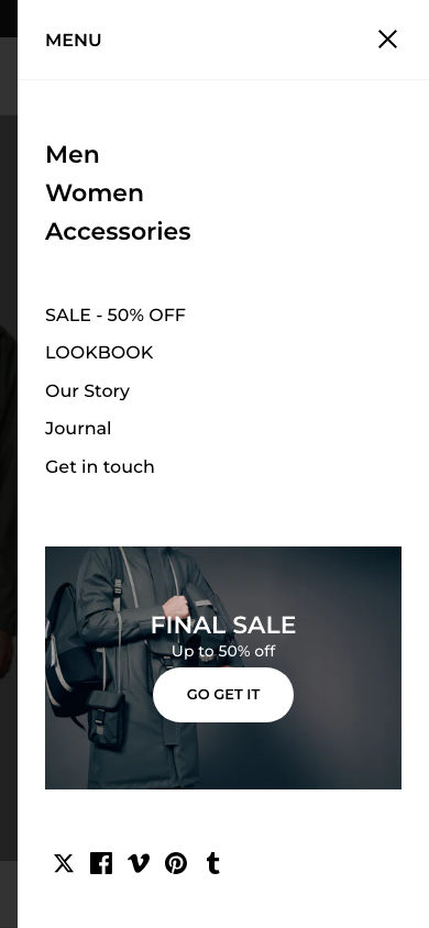 Hamburger → panel opened — Navi+ on the Split Shopify theme
