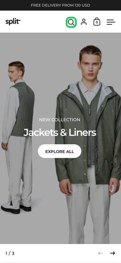 Search → panel opened — Navi+ on the Split Shopify theme