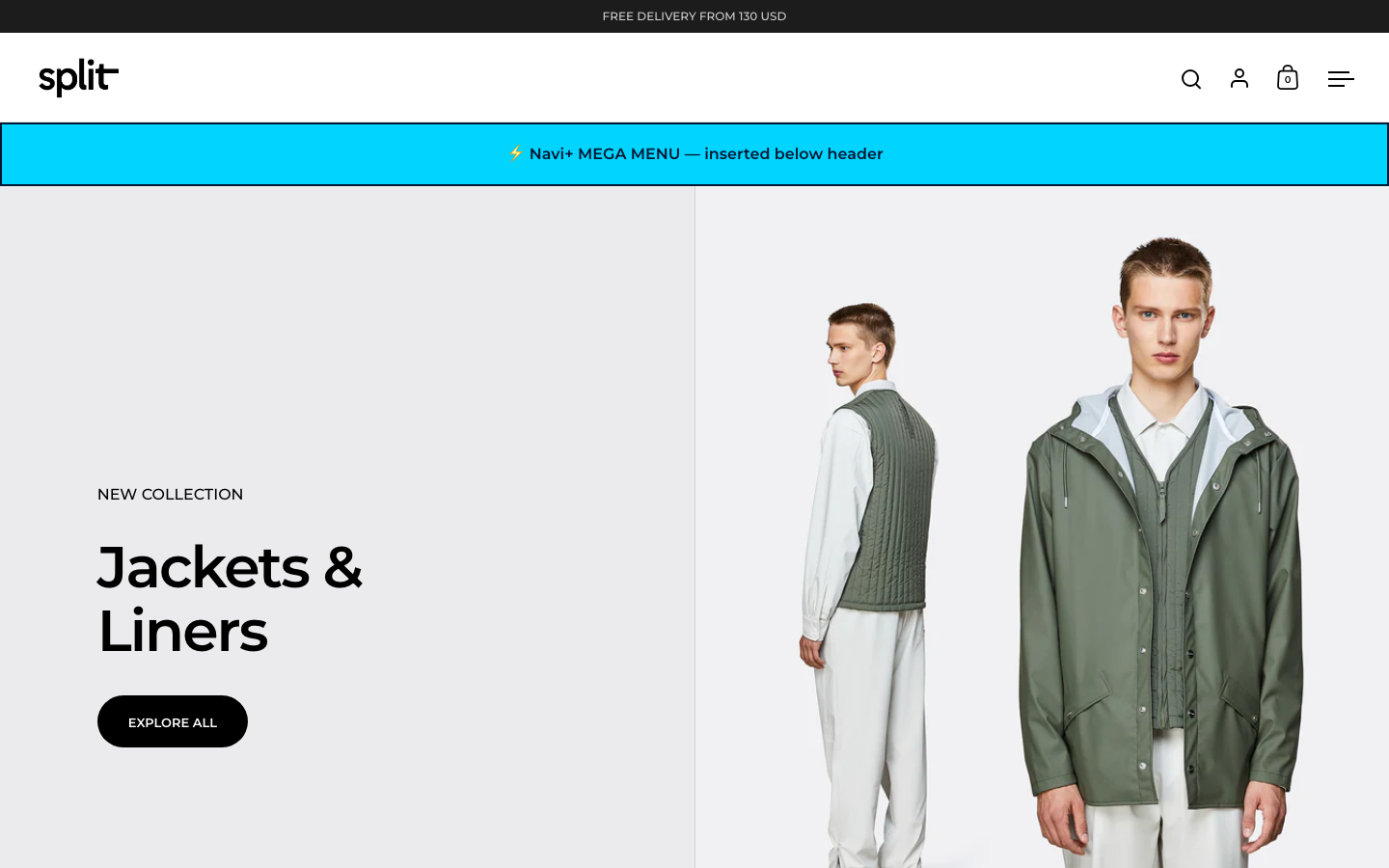 Menu inserted below header — Navi+ on the Split Shopify theme