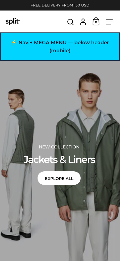 Menu inserted below header — Navi+ on the Split Shopify theme