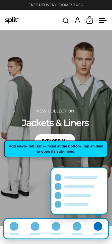 Navi+ Tab Bar on the Split Shopify theme Navi+ Tab Bar on the Split Shopify theme