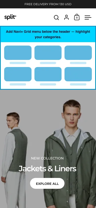 Navi+ Grid Menu on the Split Shopify theme Navi+ Grid Menu on the Split Shopify theme