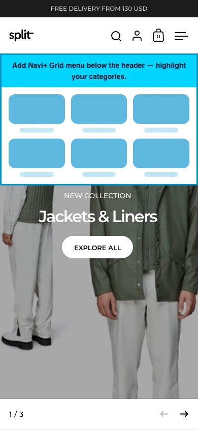 Navi+ Grid Menu on the Split Shopify theme Navi+ Grid Menu on the Split Shopify theme