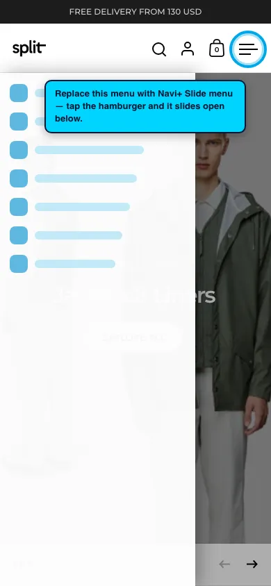 Navi+ Slide Menu on the Split Shopify theme Navi+ Slide Menu on the Split Shopify theme
