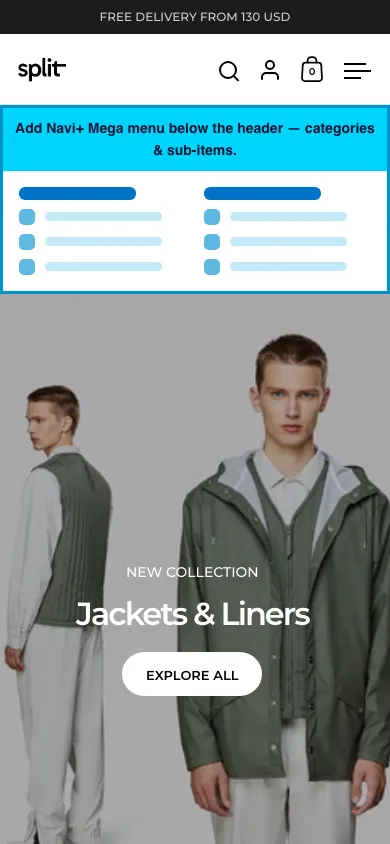 Navi+ mobile Mega Menu on the Split Shopify theme Navi+ mobile Mega Menu on the Split Shopify theme