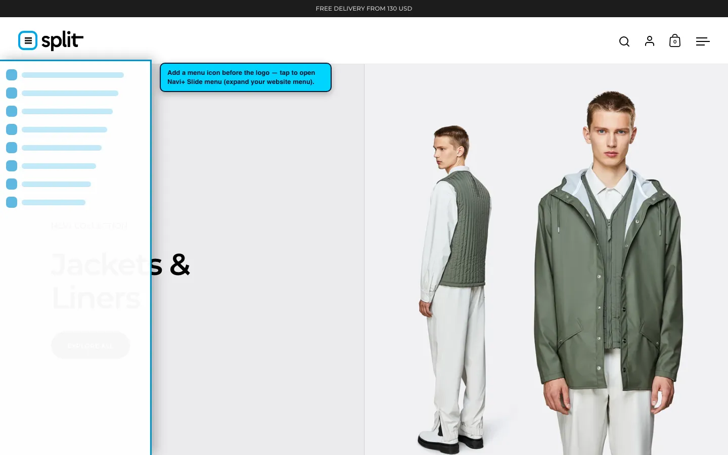Navi+ trigger icon before the logo on the Split Shopify theme Navi+ trigger icon before the logo on the Split Shopify theme
