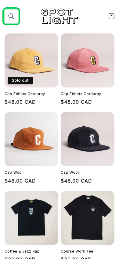 Search → panel opened — Navi+ on the Spotlight Shopify theme Search → panel opened — Navi+ on the Spotlight Shopify theme
