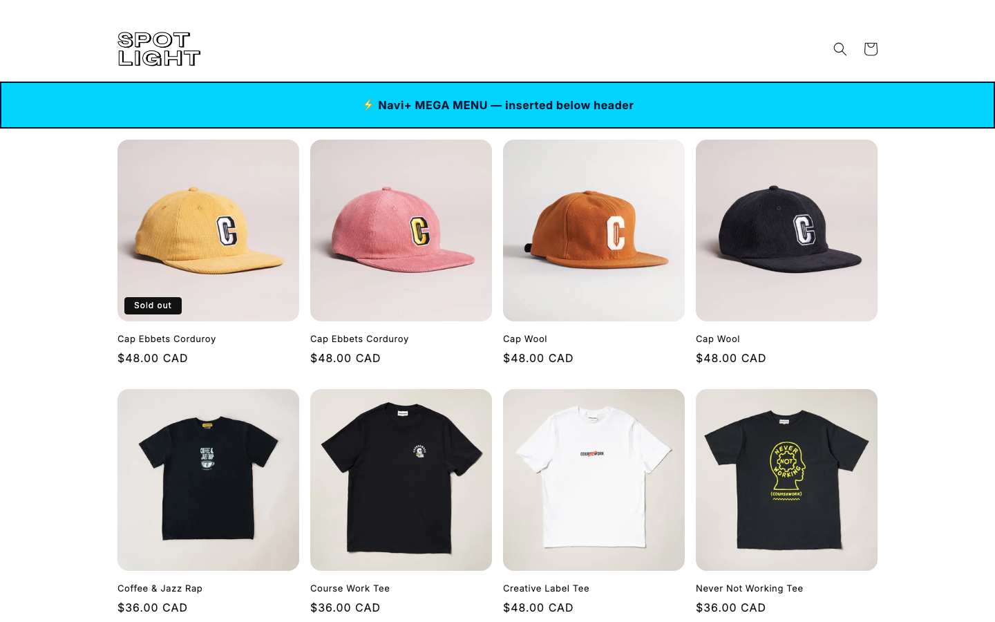 Menu inserted below header — Navi+ on the Spotlight Shopify theme Menu inserted below header — Navi+ on the Spotlight Shopify theme