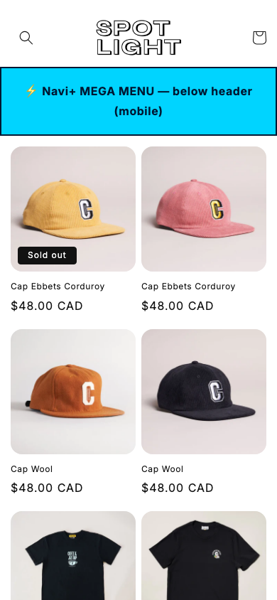Menu inserted below header — Navi+ on the Spotlight Shopify theme Menu inserted below header — Navi+ on the Spotlight Shopify theme