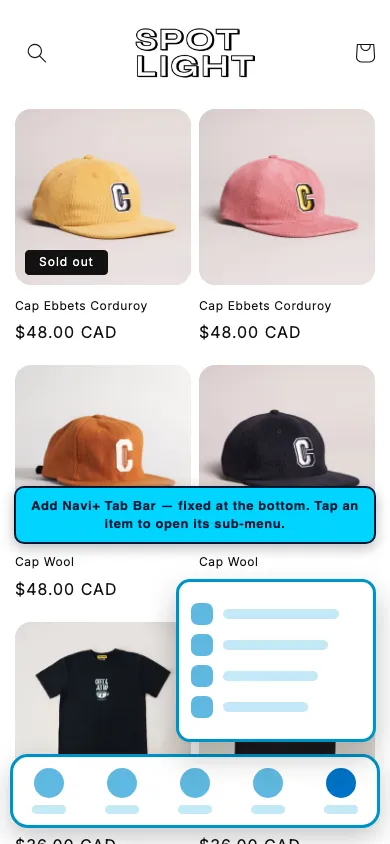 Navi+ Tab Bar on the Spotlight Shopify theme Navi+ Tab Bar on the Spotlight Shopify theme