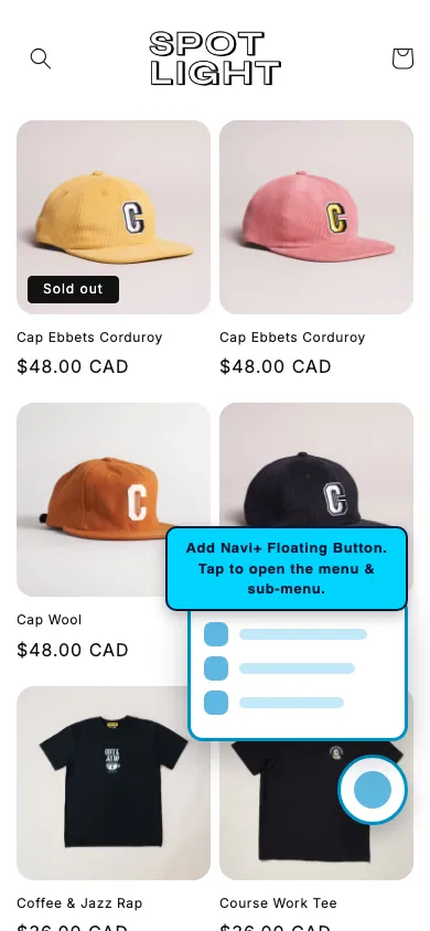 Navi+ FAB on the Spotlight Shopify theme Navi+ FAB on the Spotlight Shopify theme
