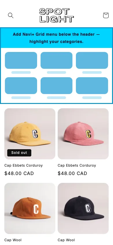 Navi+ Grid Menu on the Spotlight Shopify theme Navi+ Grid Menu on the Spotlight Shopify theme