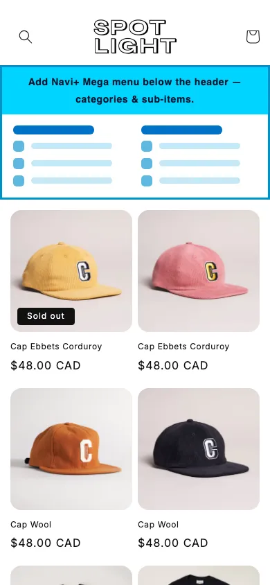 Navi+ mobile Mega Menu on the Spotlight Shopify theme Navi+ mobile Mega Menu on the Spotlight Shopify theme