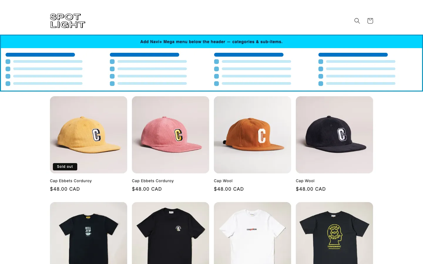 Navi+ Mega Menu inserted below the header on the Spotlight Shopify theme Navi+ Mega Menu inserted below the header on the Spotlight Shopify theme