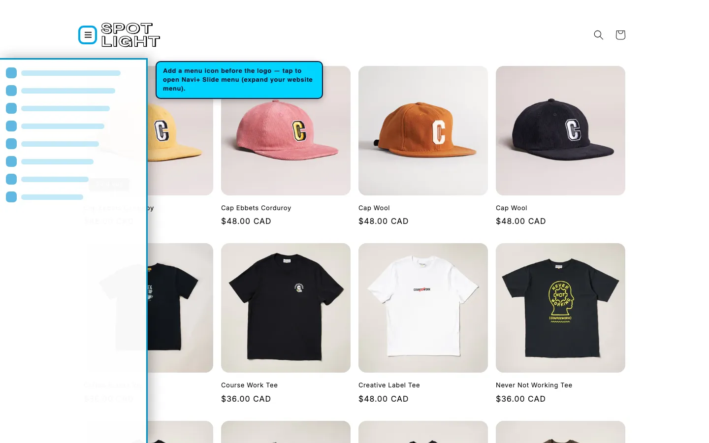 Navi+ trigger icon before the logo on the Spotlight Shopify theme Navi+ trigger icon before the logo on the Spotlight Shopify theme
