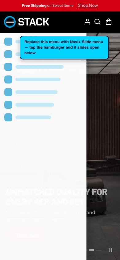 Navi+ Slide Menu on the Stack Shopify theme Navi+ Slide Menu on the Stack Shopify theme