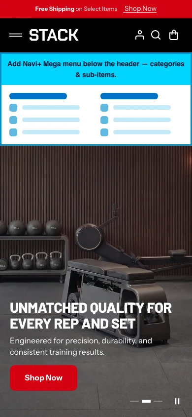 Navi+ mobile Mega Menu on the Stack Shopify theme Navi+ mobile Mega Menu on the Stack Shopify theme