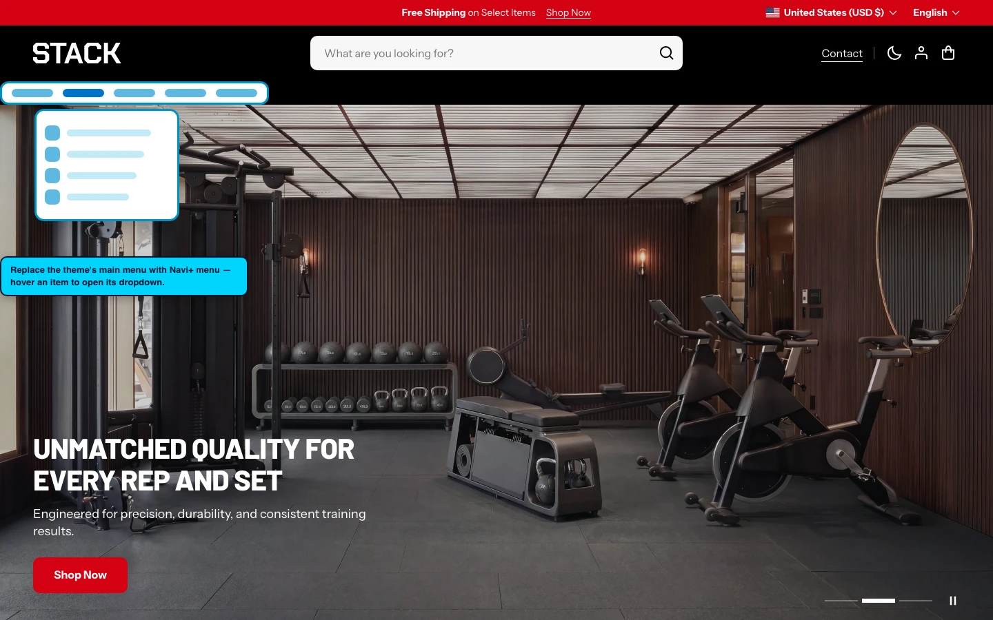 Navi+ Mega Menu replacing the desktop menu on the Stack Shopify theme Navi+ Mega Menu replacing the desktop menu on the Stack Shopify theme