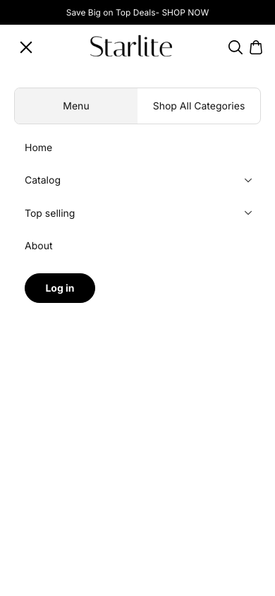 Hamburger → panel opened — Navi+ on the Starlite Shopify theme