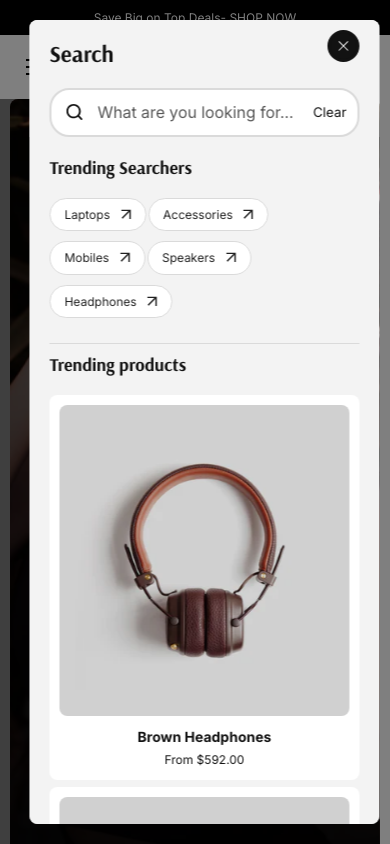 Search → panel opened — Navi+ on the Starlite Shopify theme