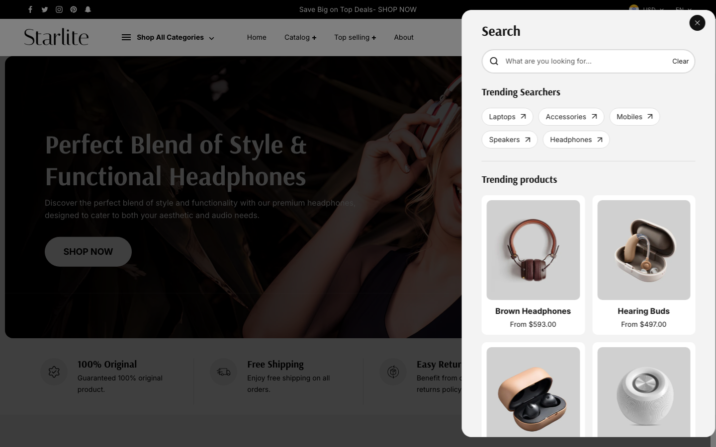 Search → panel opened — Navi+ on the Starlite Shopify theme