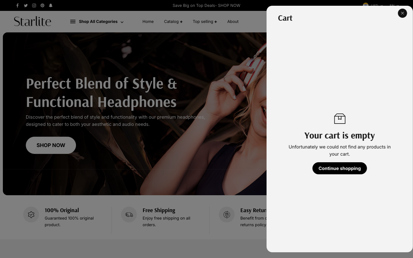 Cart → panel opened — Navi+ on the Starlite Shopify theme