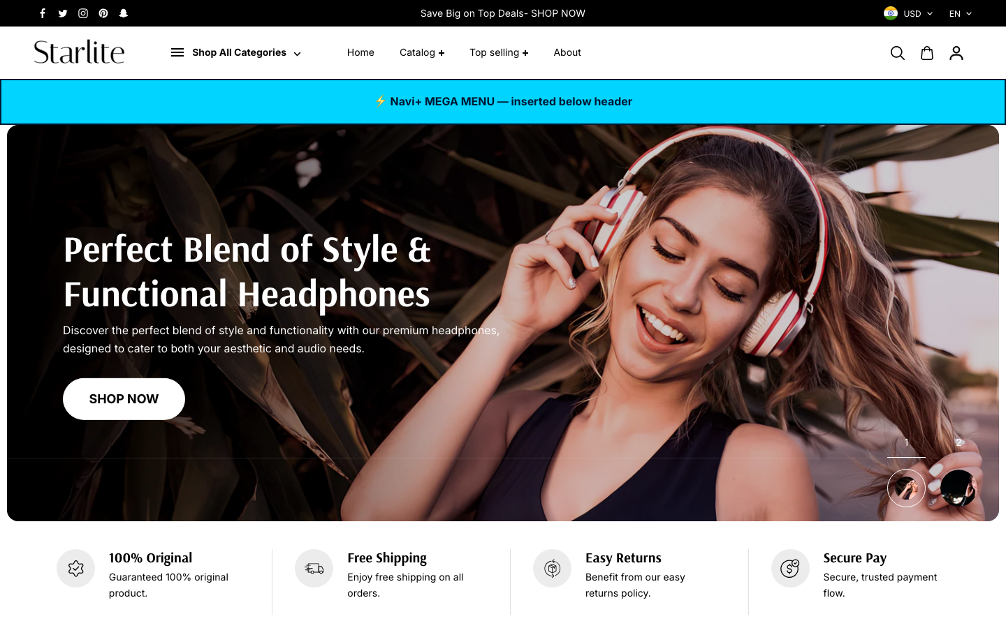 Menu inserted below header — Navi+ on the Starlite Shopify theme