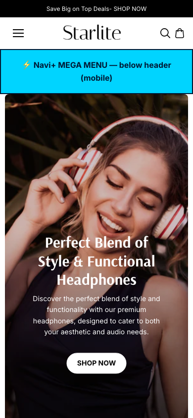 Menu inserted below header — Navi+ on the Starlite Shopify theme