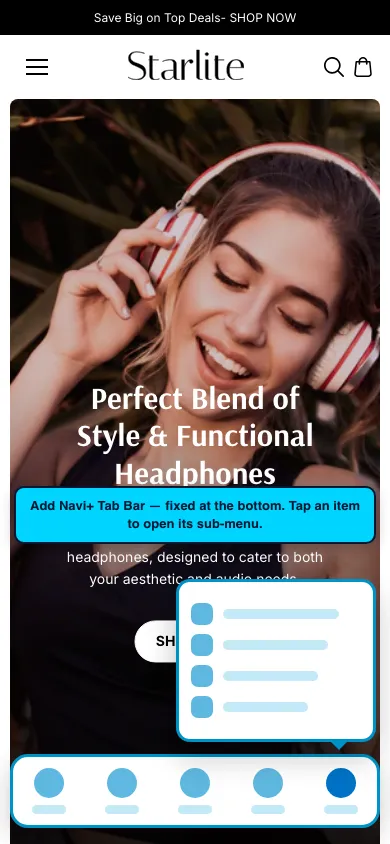 Navi+ Tab Bar on the Starlite Shopify theme Navi+ Tab Bar on the Starlite Shopify theme