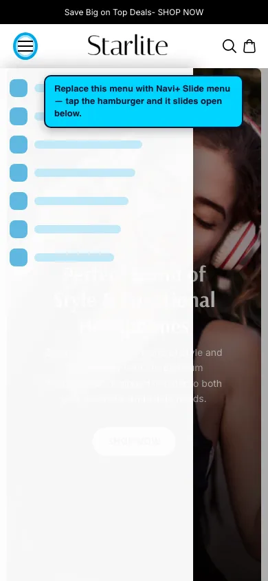 Navi+ Slide Menu on the Starlite Shopify theme Navi+ Slide Menu on the Starlite Shopify theme