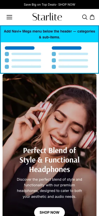 Navi+ mobile Mega Menu on the Starlite Shopify theme Navi+ mobile Mega Menu on the Starlite Shopify theme