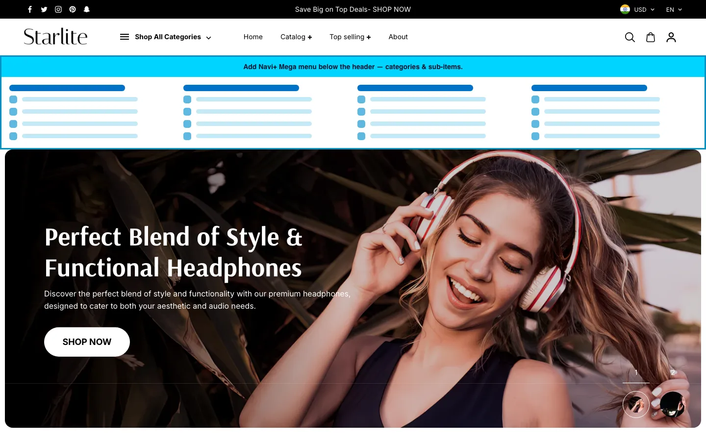 Navi+ Mega Menu inserted below the header on the Starlite Shopify theme Navi+ Mega Menu inserted below the header on the Starlite Shopify theme