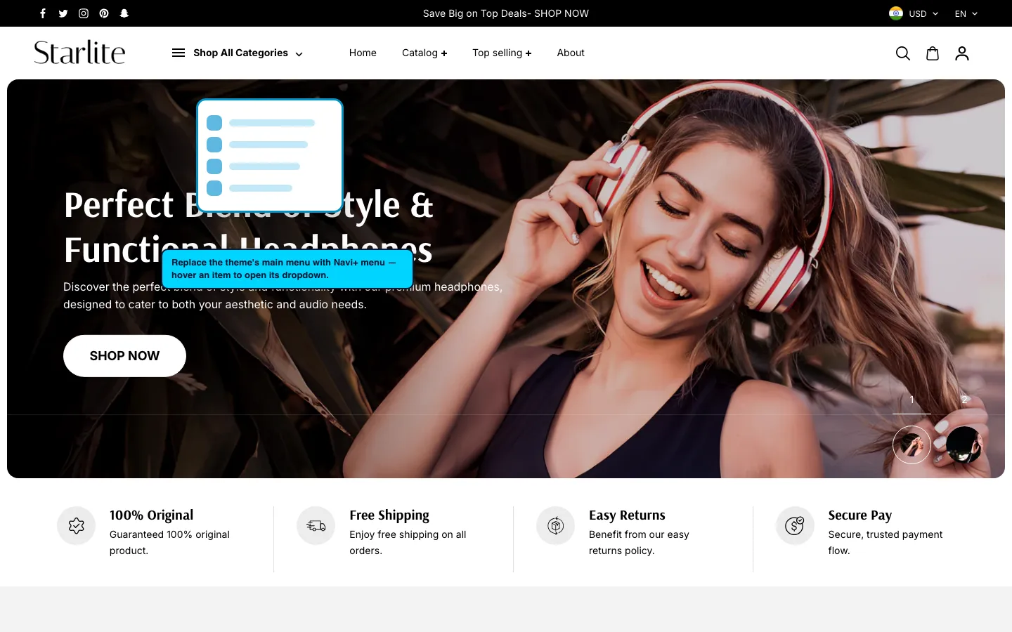 Navi+ Mega Menu replacing the desktop menu on the Starlite Shopify theme