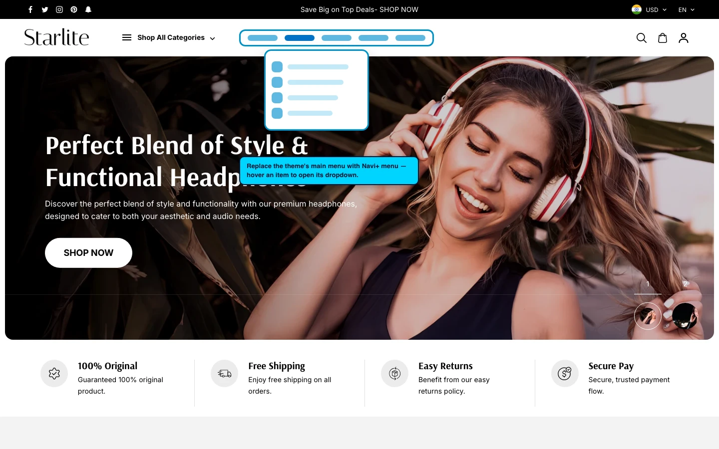 Navi+ Mega Menu replacing the desktop menu on the Starlite Shopify theme Navi+ Mega Menu replacing the desktop menu on the Starlite Shopify theme