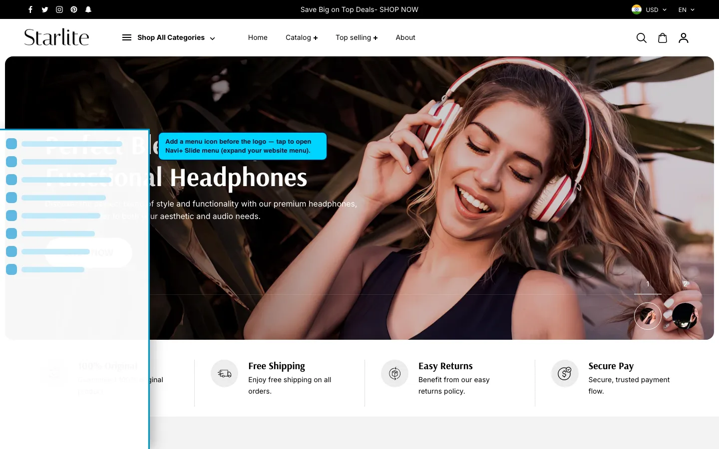 Navi+ trigger icon before the logo on the Starlite Shopify theme Navi+ trigger icon before the logo on the Starlite Shopify theme